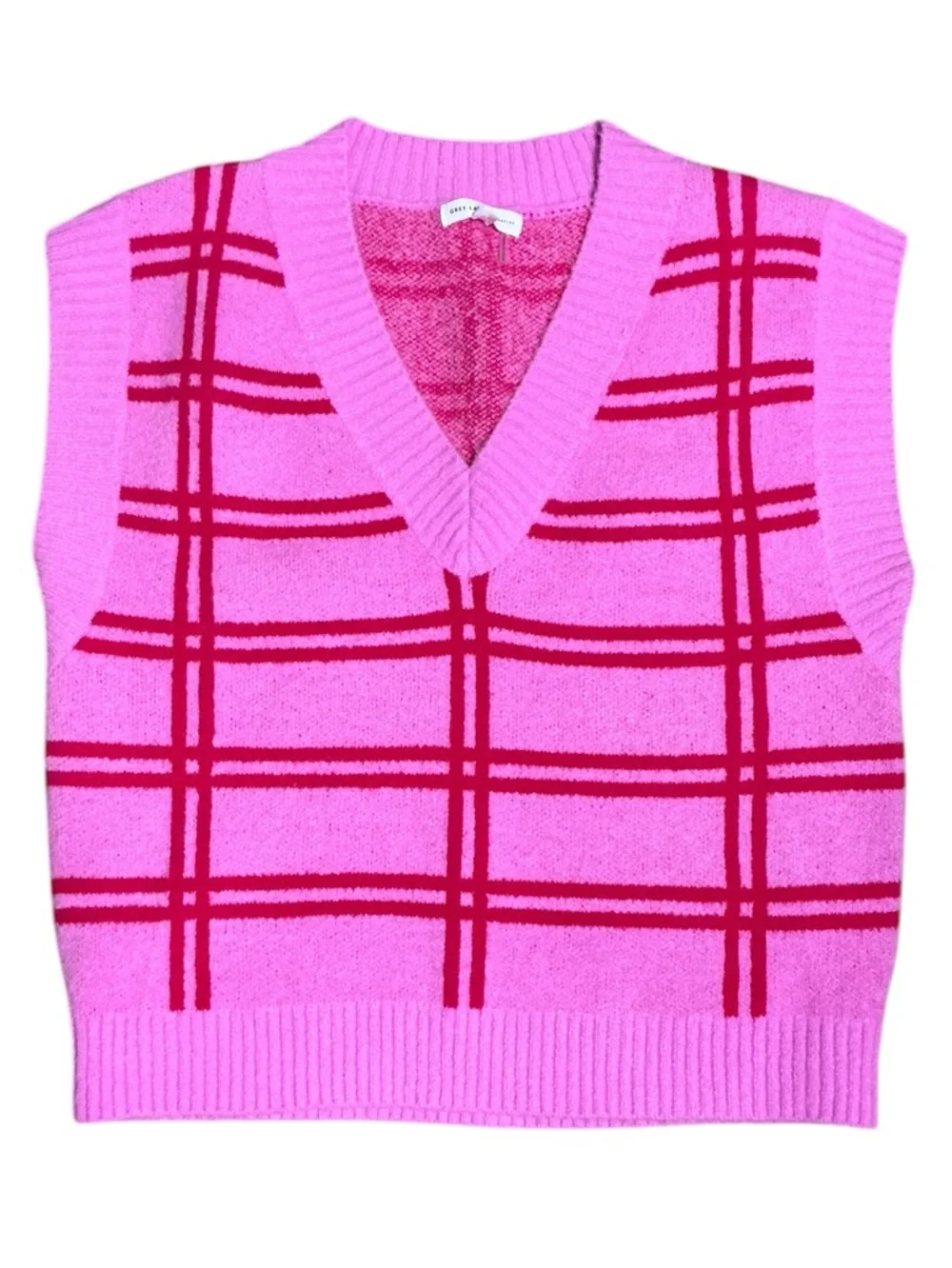 Grey Lab Hot Pink Plaid Oversized Sweater Vest Anthropologie - Picture 2 of 8